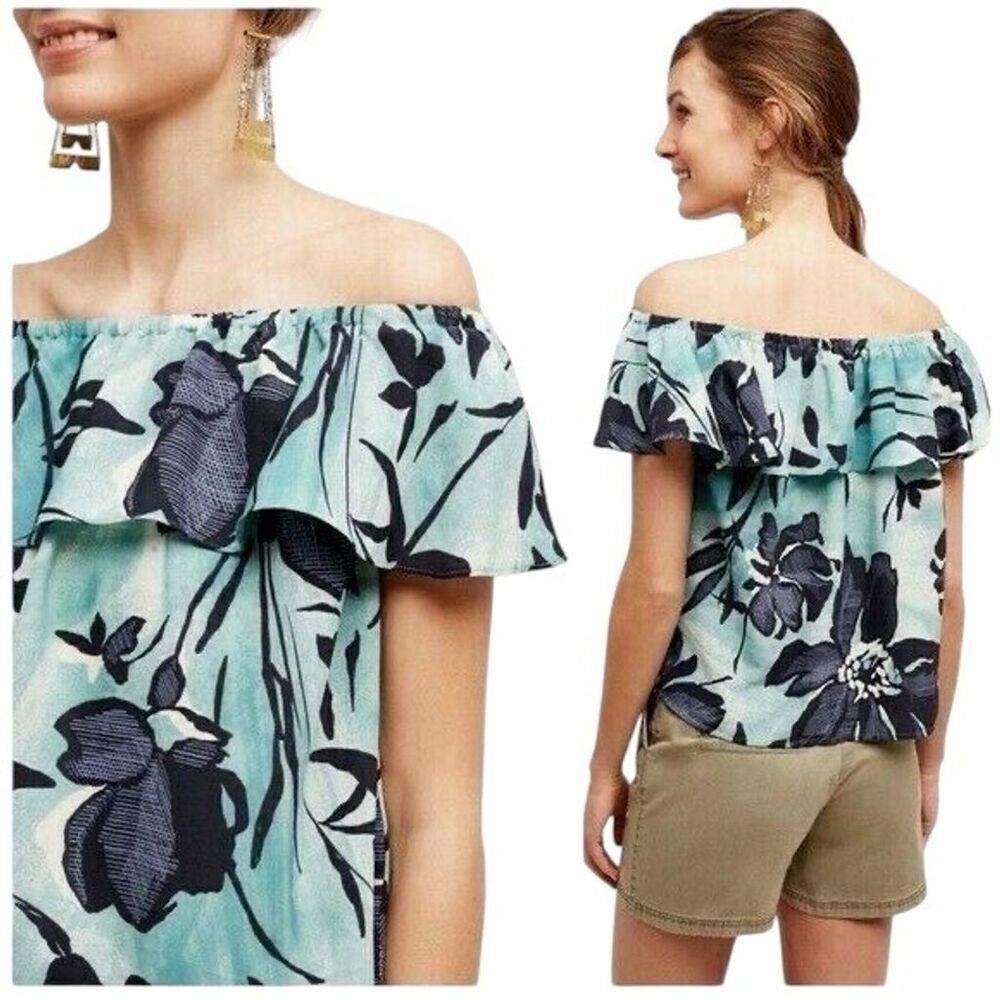 Anthropologie Maeve Islander Off the Shoulder Teal and Navy Floral Ruffle Blouse